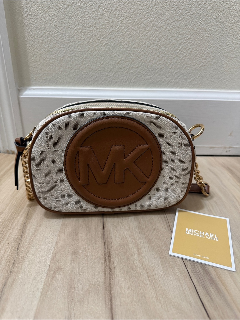 Michael Kors Cream Logo Crossbody with Brown Leather Patch